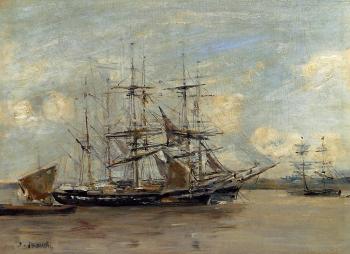 Eugene Boudin : Le Havre, Three Master at Anchor in the Harbor